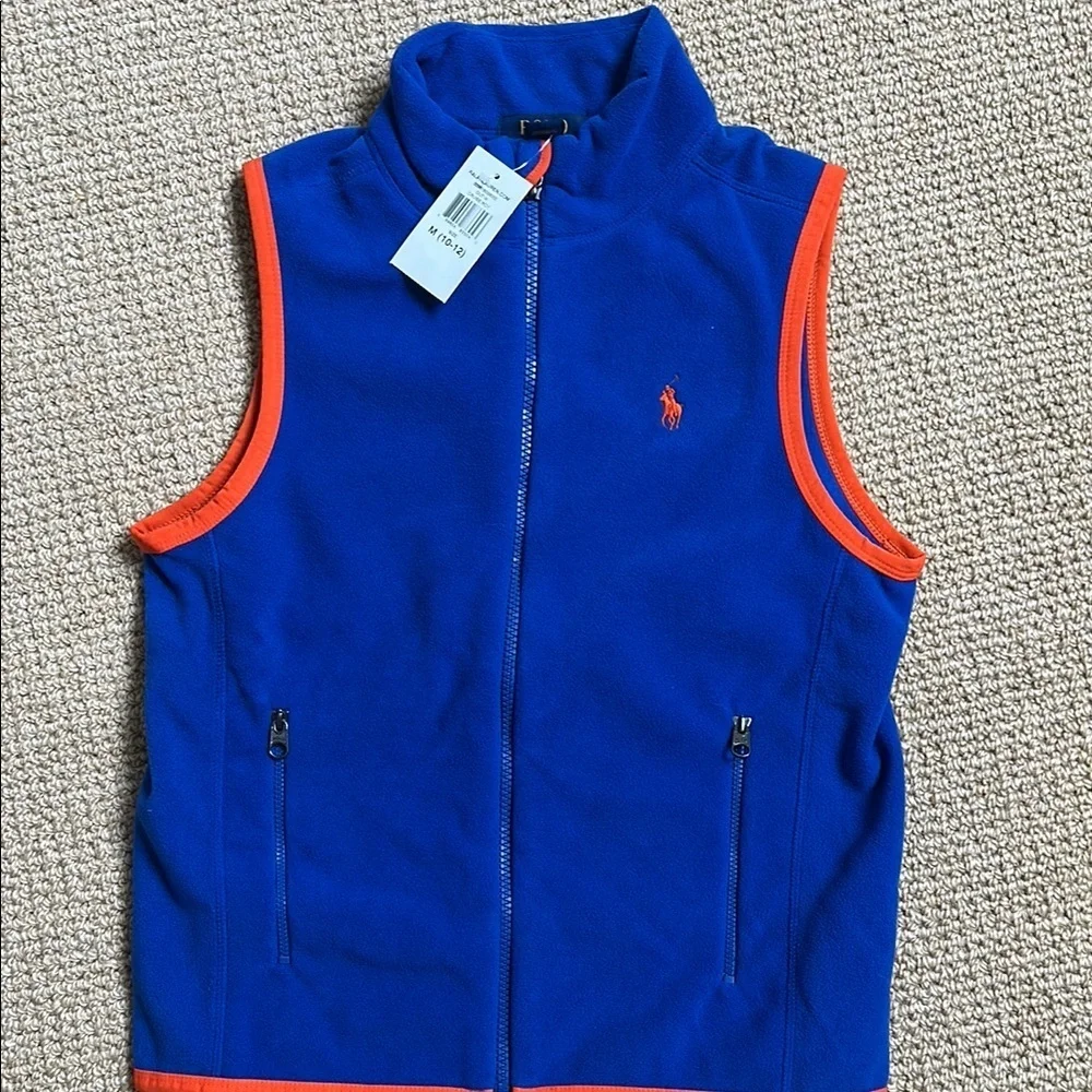 Polo Ralph Lauren Blue Fleece Vest Boys M (10–12) | Orange Trim Zip Front- NWT